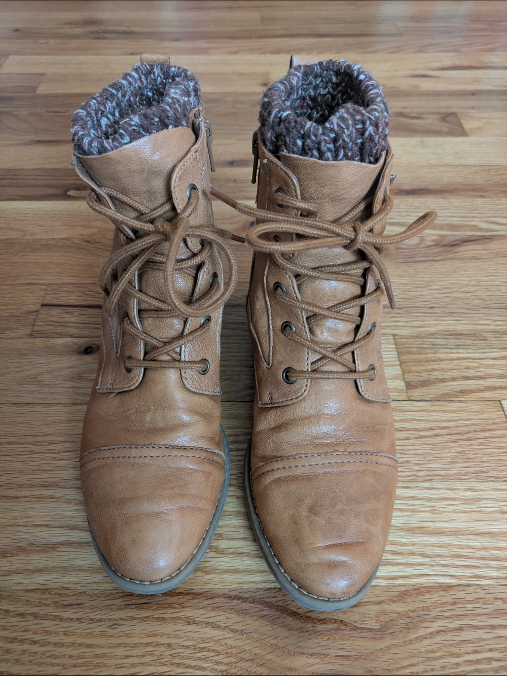 Comfortiva Tan Lace-Up Ankle Boots with Knit Cuff